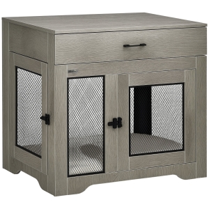 PawHut Dog Crate Furniture with Soft Water-Resistant Cushion, Dog Kennel End Table with Drawer, Puppy Crate for Small Dogs Indoor with 2 Doors, Gray