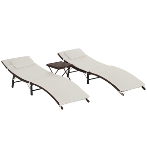 Outsunny Patio Chaise Set, Set Of 2 Folding Pool Lounge Chairs with Side Table, Outdoor PE Rattan Wicker, Cushion, Pillow for Beach, Beige