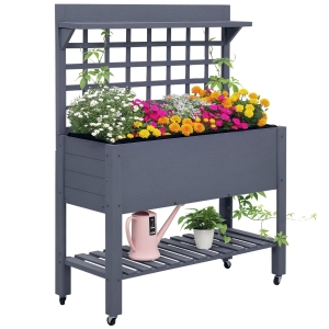 Outsunny 41" Raised Garden Bed Mobile Elevated Wooden Planter Box Stand with Wheels, Trellis and Storage Shelf, Gray