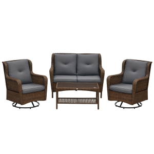 Outsunny 4 Piece PE Rattan Outdoor Patio Furniture Set, Wicker Conversation Set with 2 Swivel Glider Chairs, 2-Tier Glass Table and Loveseat for Garden, Patio, Poolside, Gray