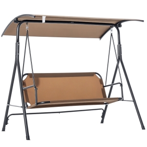 Outsunny 3-Person Porch Swing with Stand, Outdoor Swing for Patio Porch with Adjustable Tilt Canopy and Comfortable Swing Bench-Style Seat, Steel Frame, Brown