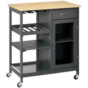 HOMCOM Rolling Kitchen Island with Storage, Kitchen Cart with 4-bottle Wine Rack, Bar Cart with Stemware Holder, Shelves, Drawer and Cabinet, Gray