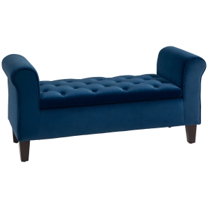 HOMCOM Button-Tufted Storage Ottoman Bench, Upholstered Bench with Rolled Armrests for Living Room or Hallway, Blue