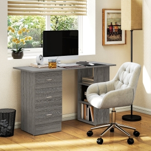 HOMCOM Computer Desk, 47" Writing Table with 3-Tier Shelves and 3 Reversible Drawers for Home Office, Bedroom, Grey