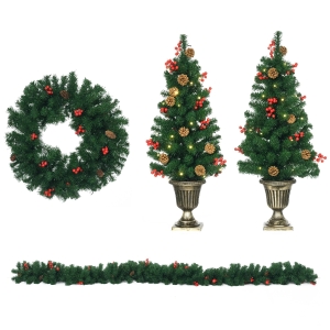 HOMCOM Prelit Holiday Christmas 4-Piece Set, Garland Wreath and Set of 2 Entrance Trees with Warm White LED Lights, Red Berries, Pine Cones, Green