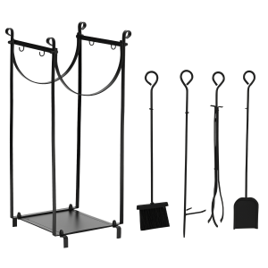 Outsunny Firewood Rack with Fireplace Tools, Outdoor Firewood Holder, 30.25" Tall Build with 2-Tiers for Fireplace, Wood Stove, Hearth or Fire Pit, Poker, Tongs, Broom, Shovel, Black