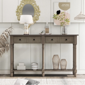 Console Table with Two Storage Drawers and Bottom Shelf, Solid Wood Frame, Easy Assembly, 58" L x 11" W x 34" H, Gray