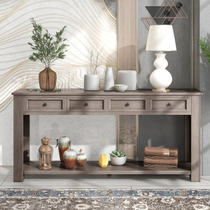 Rustic Elegant Console Table with 4 Storage Drawers, Bottom Shelf, Solid Wood Frame, All Tools Included, 63" L x 14" W x 30" H, Gray