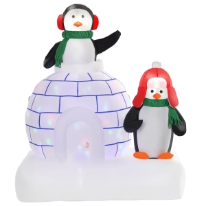 HOMCOM 5 ft Lighted Christmas Inflatables Outdoor Decorations Penguins with a Scarf and Igloo, Rotating Colorful Light, Holiday Yard Christmas Decor