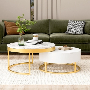 Modern Round Nesting Coffee Table with Drawers, MDF and Metal Pedestal Base, Durable Construction, 31.5" L x 31.5" W x 17" H, Gold+White