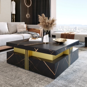 Modern Square Storage Coffee Table with 4 Functional Drawers, MDF Construction, Gold Accents, 43.5" L x 43.5" W x 16.5" H, Black+Gold