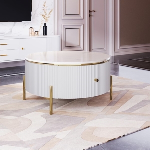 Modern Round Coffee Table with 2 Large Drawers, MDF Construction and Gold Legs, Sleek Modern Design, 31.5" L x 31.5" W x 17" H, White+Gold