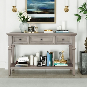 Classic Retro Console Table with 3 Drawers, Open Shelf, Vintage Metal Handles, Perfect for Entryway, Living Room, 50" L x 15" W x 30" H, Gray