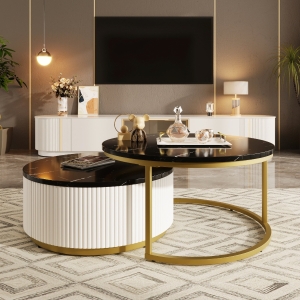 Modern Round Nesting Coffee Table Set with Storage Drawer, MDF Top and Metal Base, Fluted Design, 27.5" L x 27.5" W x 16" H, Black+Gold