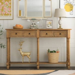Rustic Console Table with Two Storage Drawers and Bottom Shelf, Solid Pine Wood Frame, Easy Assembly, 58" L x 11" W x 34" H, Natural