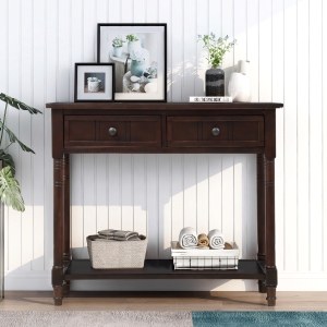 Daisy Series Console Table with Two Drawers and Bottom Shelf, Traditional Design, Pine Wood Frame, 35.5" L x 14" W x 30" H, Dark Brown