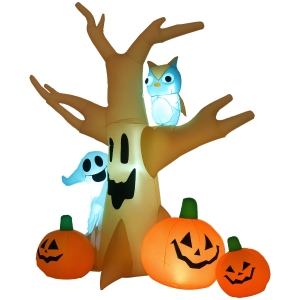 HOMCOM 7.5' Tall Lighted Halloween Inflatables Outdoor Decorations Haunted Tree With Owl, Ghost, Pumpkins, Blow Up LED Yard Decor for Garden, Lawn, Party, Holiday, Waterproof