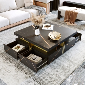 Modern Square Storage Coffee Table with 4 Functional Drawers, MDF Construction, Gold Accents, 43.5" L x 43.5" W x 16.5" H, Black+Gold