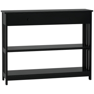 HOMCOM Console Hallway Table with Extra Wide Pull Out Drawer, 2 Open Shelves and Slatted Wood Frame Design, Black