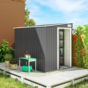 Outsunny 5'x7' Lean to Galvanized Metal Shed with Foundation, Garden Tool Storage House with Sliding Door and 2 Vents, Dark Grey