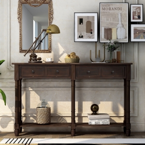 Console Table with Two Storage Drawers and Bottom Shelf, Easy Assembly, Solid Wood Frame, 58" L x 11" W x 34" H, Dark Brown