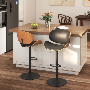 HOMCOM Bar Stools Set of 2, Modern PU Leather Adjustable Swivel Barstools with Curved Back, Footrest and Steel Base, Black