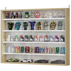 HOMCOM 5-Tier Display Cabinet, Wall-Mounted Display Case with 2 Glass Doors and Adjustable Shelves, Oak and White