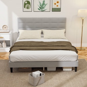 HOMCOM Queen Size Bed Frame with Upholstered Headboard, Modern Platform Bed Frame with Wood Slats, 1100 lbs Capacity, Grey