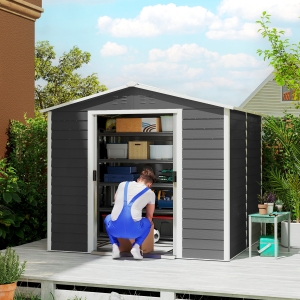 Outsunny 8' x 7' Outdoor Storage Shed, Easy to Assemble, Upgraded Galvanized Metal Garden Shed with Lockable Doors, Floor Frame and Gloves for Backyard, Lawn, Patio, Dark Grey