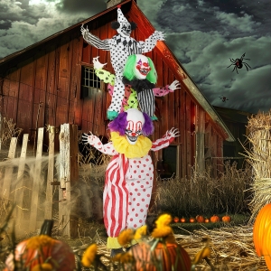 Outsunny Life Size Stackable Halloween Animated Clown with Red Light Up Eyes, Sound Activated Scary Clown Halloween Decorations