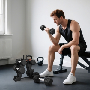 Soozier 60 LBS Hex Dumbbell Set with Rack, Rubber Coated Weights with Non-Slip Handles for Home Gym Strength Training