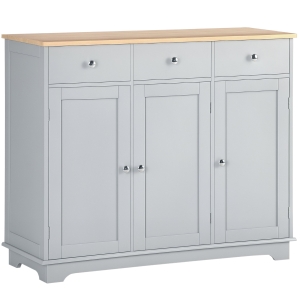 HOMCOM Kitchen Storage Cabinet, Sideboard Floor Cupboard with Solid Wood Top, Adjustable Shelf, and 3 Drawers, Gray