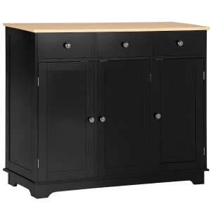 HOMCOM Kitchen Storage Cabinet, Sideboard Floor Cupboard with Solid Wood Top, Adjustable Shelf, and 3 Drawers, Black