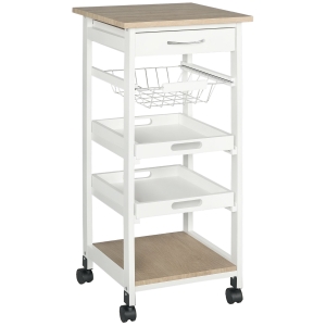 HOMCOM Mobile Kitchen Cart, Rolling Kitchen Island with Storage, Solid Wood Frame Utility Cart with Wire Fruit Baskets, Trays and Drawer, White