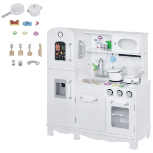 Qaba Kids Kitchen Playset with Telephone, Wooden Kitchenette for kids with Cookware, Storage Cabinet, Water Dispenser, Blackboard, Toddler Pretend Play Kitchen with Cooking Accessories for Aged 3+