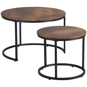 HOMCOM Round Nesting Tables Set of 2, Stacking Coffee Table Set with Metal Frame for Living Room, Rustic Brown
