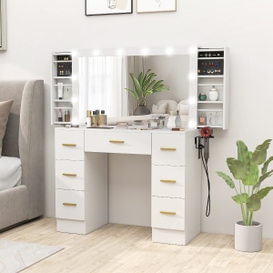 HOMCOM Makeup Vanity Table with Lights, Dressing Table with 7 Drawers, 6 Hidden Sliding Storage Compartments, White