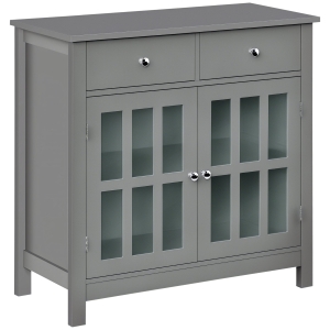 HOMCOM Sideboard Buffet Cabinet, Accent Kitchen Cabinet with Glass Doors, Adjustable Shelf and 2 Drawers for Kitchen, Gray