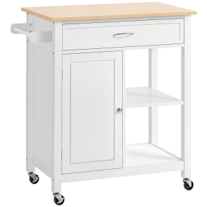 HOMCOM Kitchen Island Cart, Rolling Kitchen Island with Storage Shelf, Solid Wood Top, Drawer, for Dining Room, White