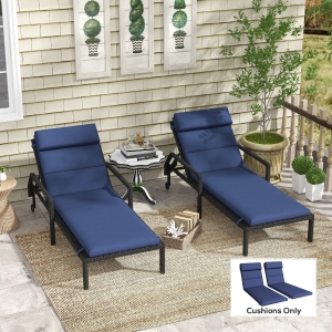 Outsunny Patio Chaise Lounge Chair Cushions Replacement Sun Lounger Pads with Headrest and Ties, Set of 2, Dark Blue