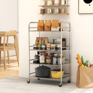 HOMCOM 4 Tier Stainless Steel Rolling Cart with Adjustable Shelves, Utility Cart on Wheels with Handles for Kitchen, Silver