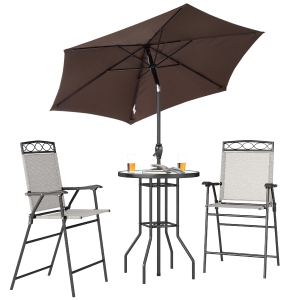 Outsunny 4 Piece Outdoor Bar Set with Umbrella, Patio Dining Set with 2 Folding Chairs, Wave Textured Tempered Glass Table for Backyard, Garden, Deck, Poolside, Beige