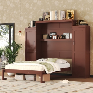 Queen Size Murphy Bed with 2 Wardrobes, Foldable Platform Bed Frame with Storage Shelf, 89" L x 110.5" W x 88.5" H, Walnut
