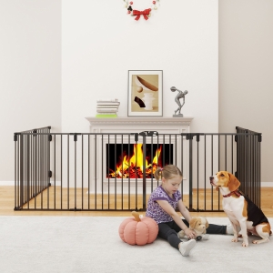 PawHut Dog Safety Gate 8-Panel Playpen Fireplace Christmas Tree Steel Fence Stair Barrier Room Divider Black