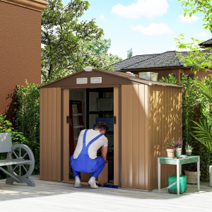 Outsunny 7' x 4' x 6' Garden Storage Shed Outdoor Patio Metal Tool Storage House w/ Foundation Kit and Double Doors Yellow