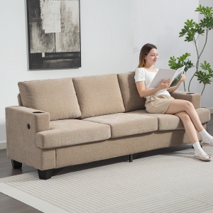 HOMCOM 3 Seater Sofa with USB Ports & Cup Holders, Chenille-Feel Upholstered Couch for Living Room, Light Brown