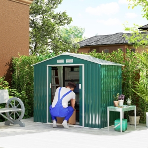 Outsunny 7' x 4' x 6' Garden Storage Shed Outdoor Patio Metal Tool Storage House w/ Foundation Kit and Double Doors Green
