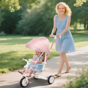 Qaba 7 in 1 Toddler Tricycle with Safety Harness, Adjustable & Removable Parent Handle, Canopy, Storage Bag, Brake, Pink