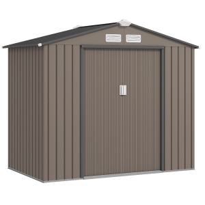 Outsunny 7' x 4' x 6' Garden Storage Shed Outdoor Patio Metal Tool Storage House w/ Foundation Kit and Double Doors Brown