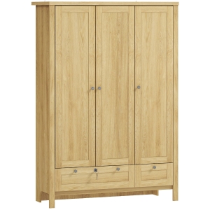 HOMCOM 3 Doors Wardrobe Closet with 2 Drawers, Bedroom Armoire with Lockable Drawer, Hanging Rod and Storage Shelves, Natural